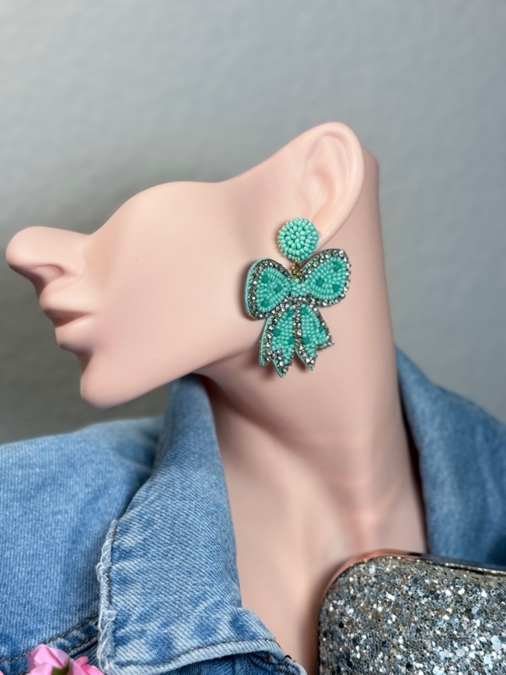 Mint Blue Beaded Bow Drop Earrings - Women Jewelry